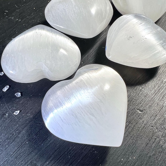 Selenite Heart Crystal | Satin Spar Polished White Palm Stone | Spiritual Self Care Gift Selenite Heart Crystal | Satin Spar Polished White Palm Stone | Spiritual Self Care Gift