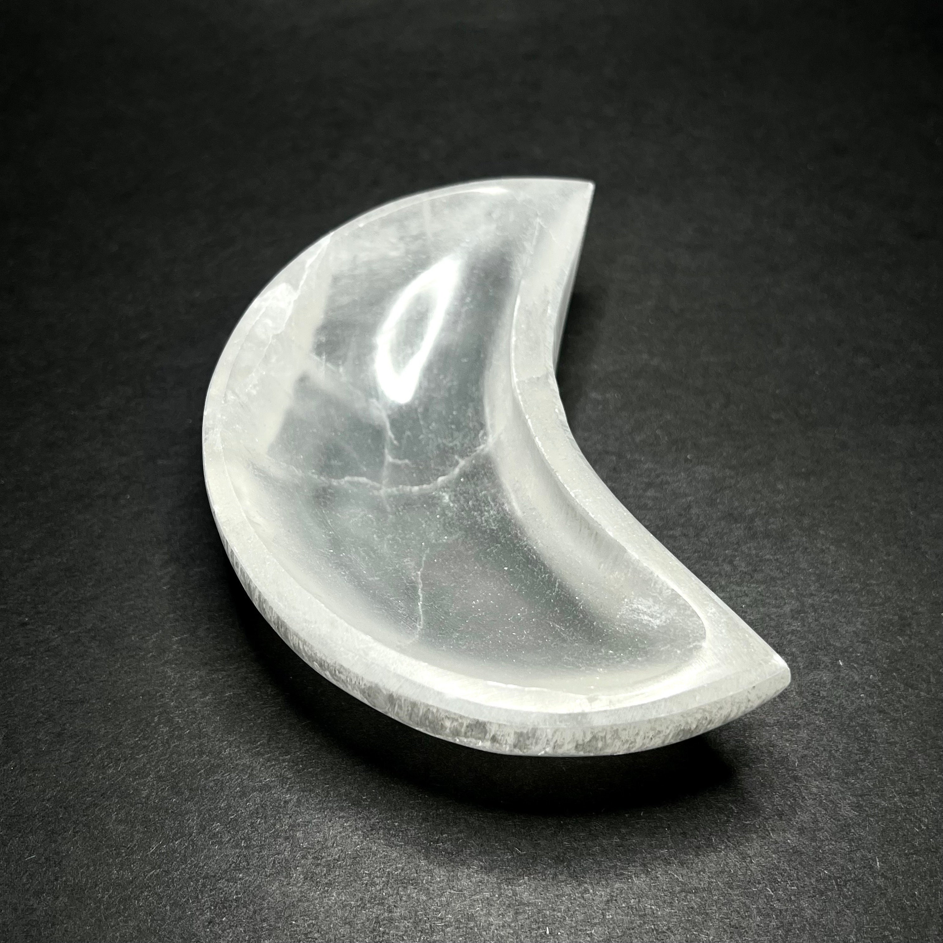 Moroccan Selenite Crescent Moon Charging Bowl: Hand-carved Crystal Station Moroccan Selenite Crescent Moon Charging Bowl: Hand-carved Crystal Station