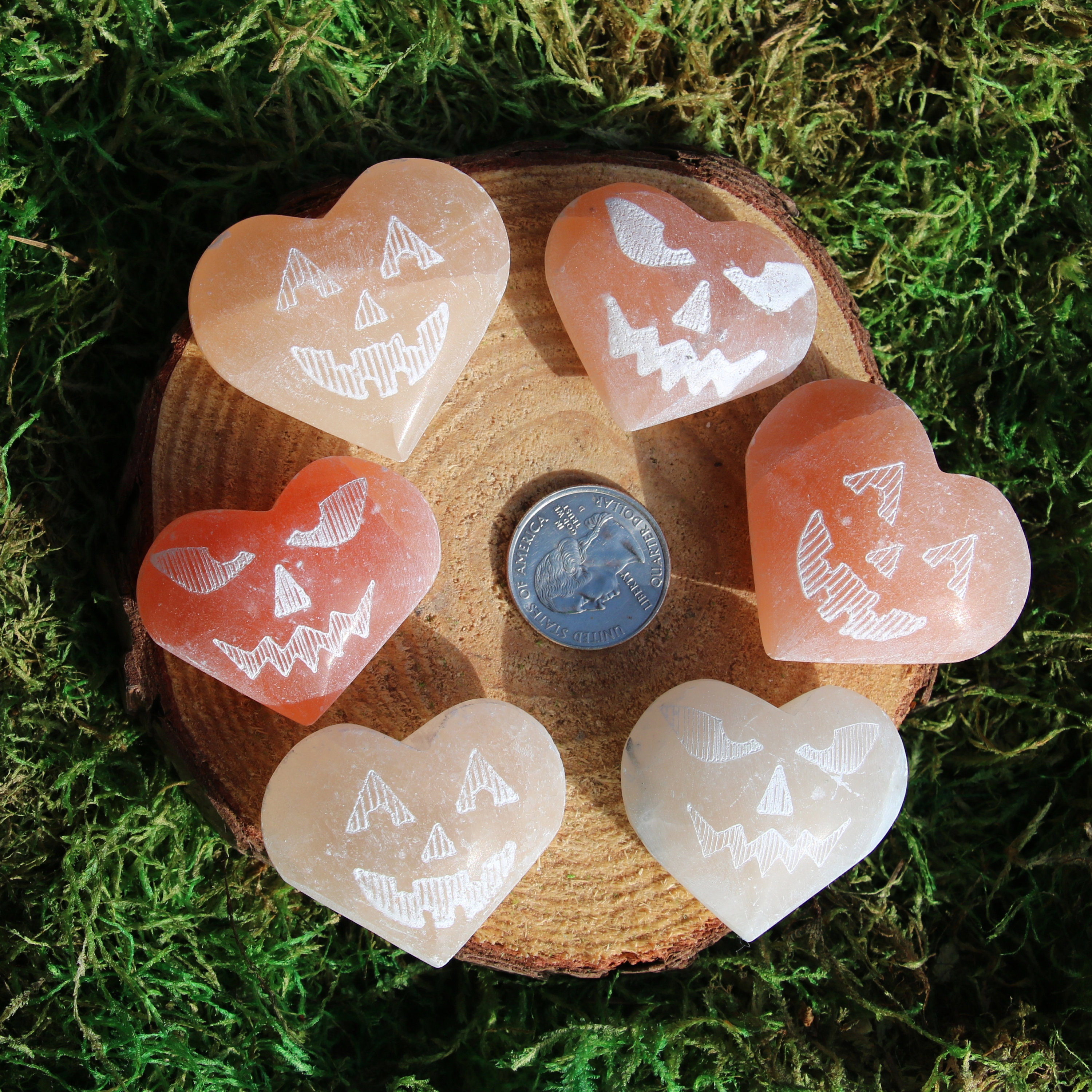 Orange Selenite Pumpkin Face Hearts Small*