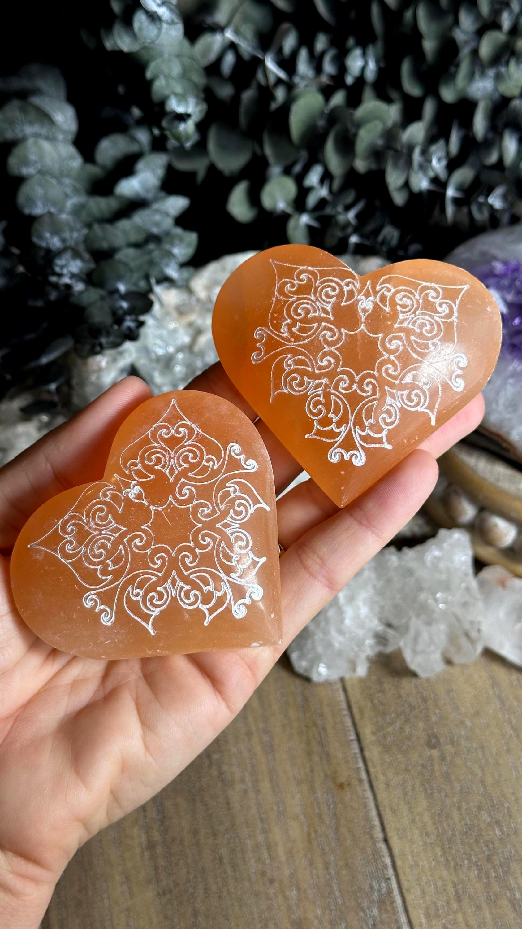 Large Etched Peach Selenite Satin Spar Heart,  Healing Stone, Love Stone
