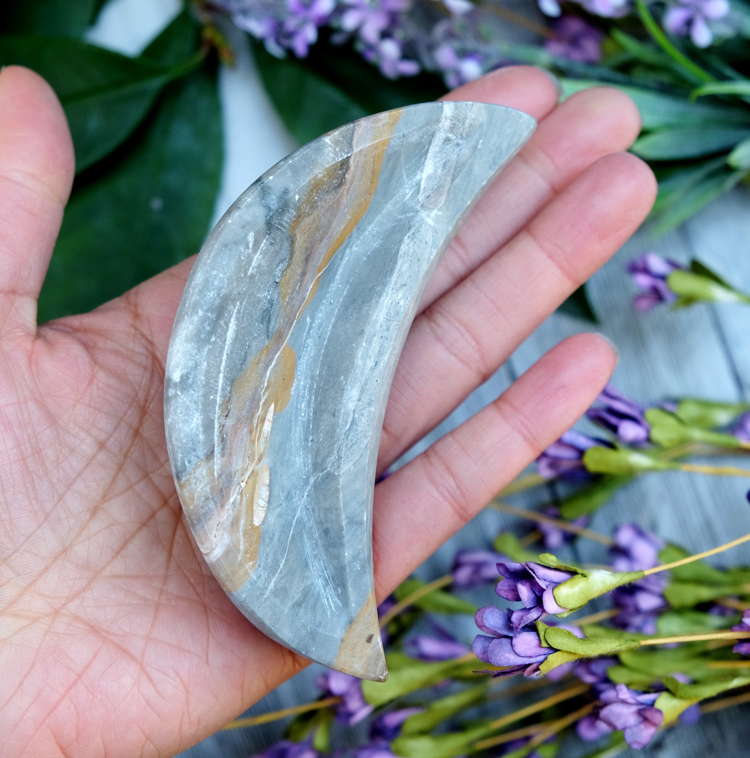 Rainbow Gray Selenite Banded Crescent Moon Bowl Dish 4.25'' L X 1.75'' W X 1'' Thick