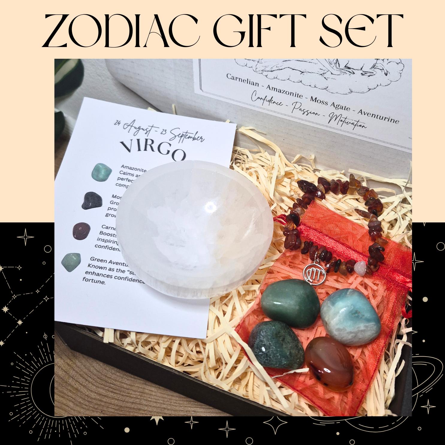 Zodiac Birthstone Gemstone Kit, Crystal Gift Set, Birthstone Bracelet With Tumbled Stones & Selenite Bowl, Astrology Self Care Kit.