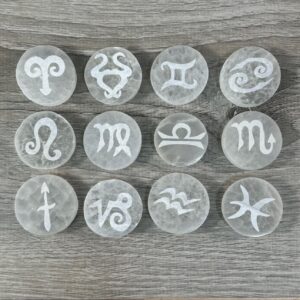 Selenite Zodiac Coin: Etched Crystal Charging Plate, 1.5 Inch Selenite Zodiac Coin: Etched Crystal Charging Plate, 1.5 Inch