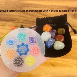 Chakra Engraved Selenite Charging Station Plate With 7 Chakra Tumbled Stones Set & Velvet Pouch