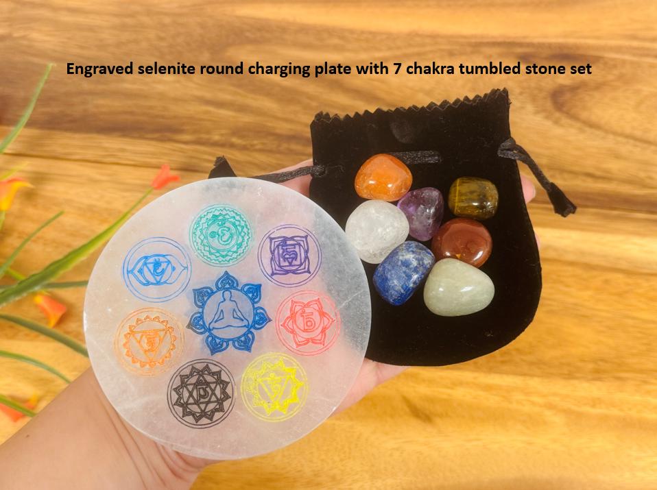 Chakra Engraved Selenite Charging Station Plate With 7 Chakra Tumbled Stones Set & Velvet Pouch Chakra Engraved Selenite Charging Station Plate With 7 Chakra Tumbled Stones Set & Velvet Pouch