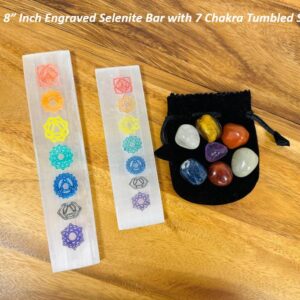 Chakra Signs Engraved Selenite Charging Plate With 7 Chakra Tumbled Stone Set & Velvet Pouch