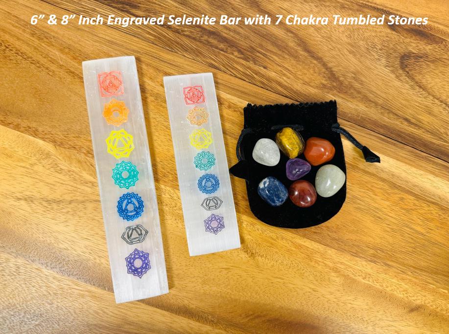 Chakra Signs Engraved Selenite Charging Plate With 7 Chakra Tumbled Stone Set & Velvet Pouch