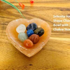 Selenite Charging Heart Bowl With 7 Chakra Tumbled Stone Set And Velvet Pouch