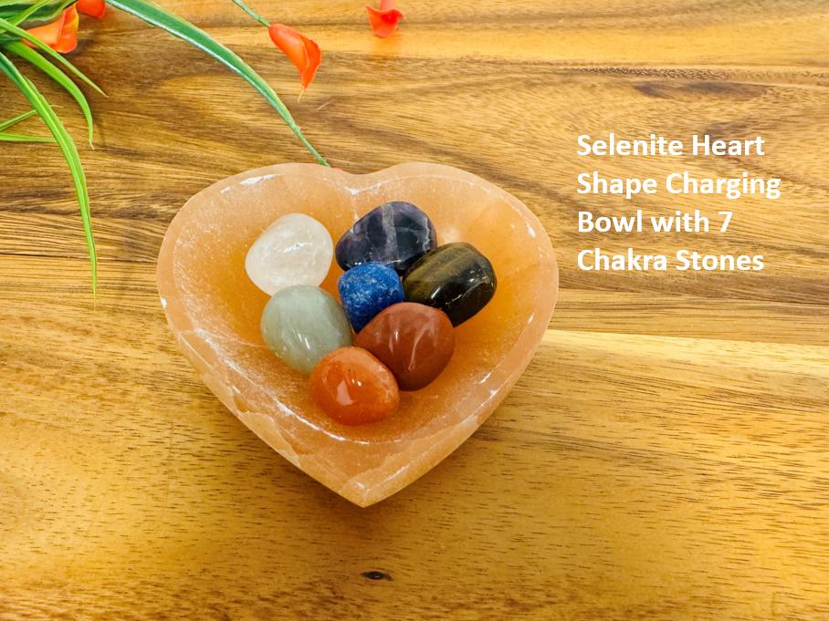 Selenite Charging Heart Bowl With 7 Chakra Tumbled Stone Set And Velvet Pouch Selenite Charging Heart Bowl With 7 Chakra Tumbled Stone Set And Velvet Pouch