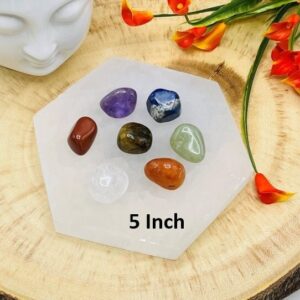 Selenite Charging Plate With 7 Chakra Tumbled Stone Set & Velvet Pouch, 5"