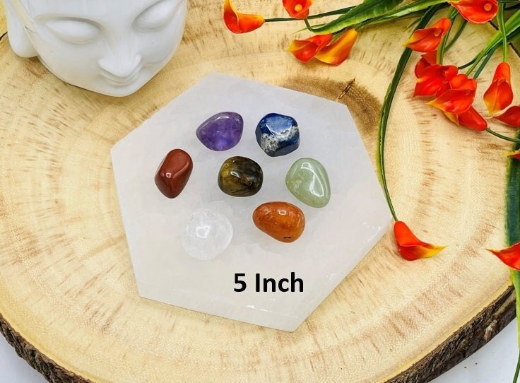 Selenite Charging Plate With 7 Chakra Tumbled Stone Set & Velvet Pouch, 5" Selenite Charging Plate With 7 Chakra Tumbled Stone Set & Velvet Pouch, 5"