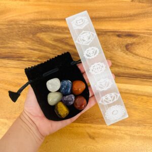Selenite Charging Plate Engraved With 7 Chakra Tumbled Stones Set And Velvet Pouch