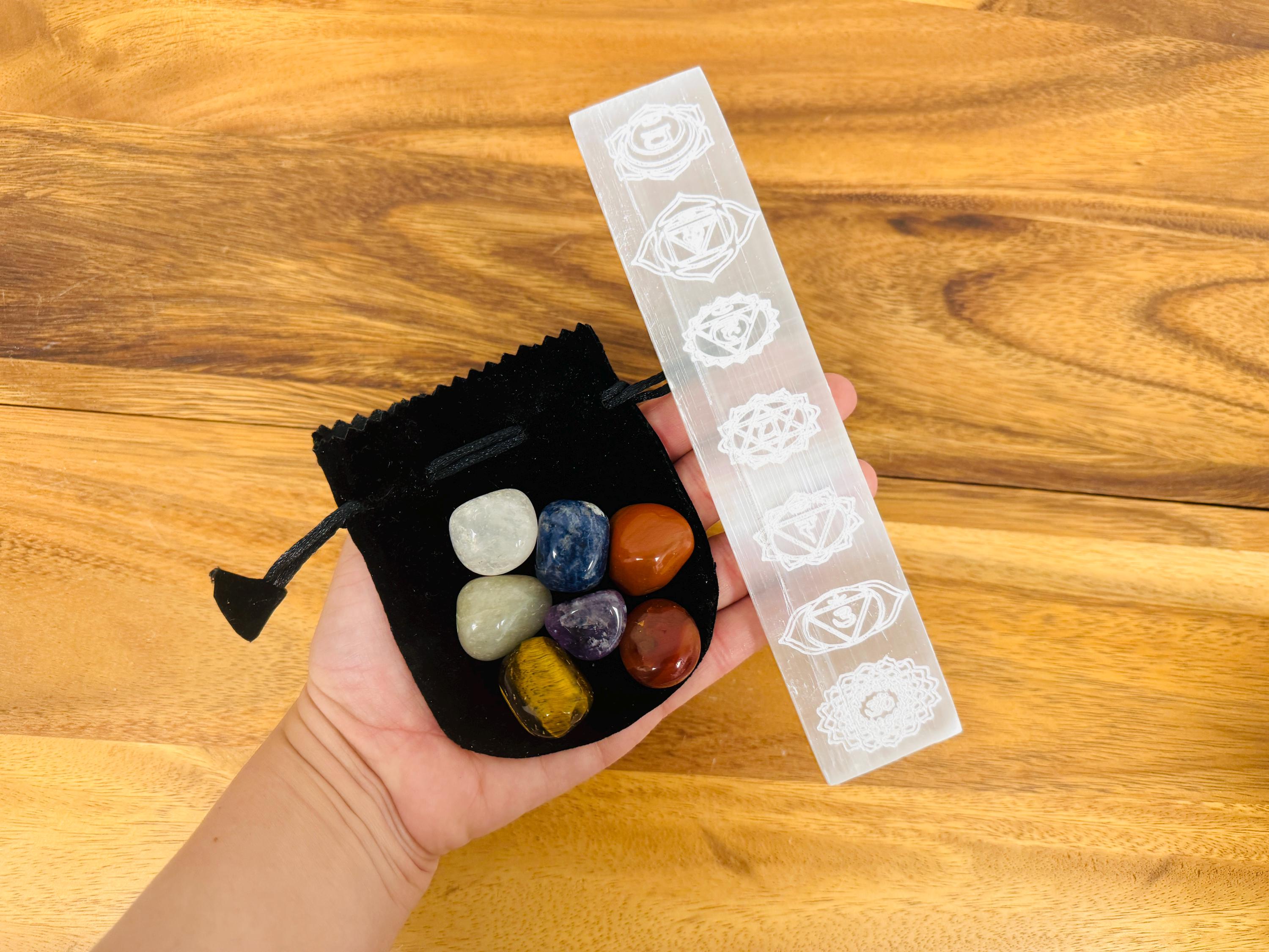 Selenite Charging Plate Engraved With 7 Chakra Tumbled Stones Set And Velvet Pouch Selenite Charging Plate Engraved With 7 Chakra Tumbled Stones Set And Velvet Pouch