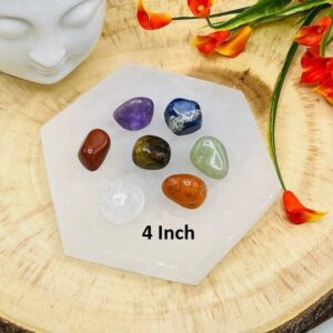 Selenite Charging Plate Station With 7 Chakra Tumbled Stones & Velvet Pouch, 4 Inches