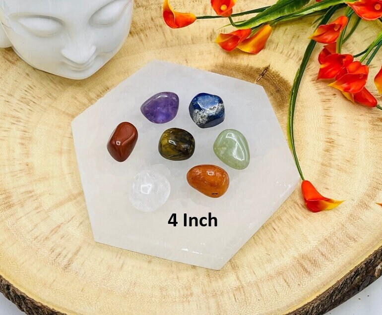Selenite Charging Plate Station With 7 Chakra Tumbled Stones & Velvet Pouch, 4 Inches Selenite Charging Plate Station With 7 Chakra Tumbled Stones & Velvet Pouch, 4 Inches