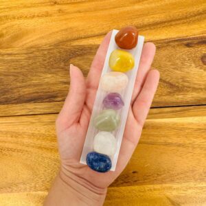 Selenite Charging Station with 7 Chakra Tumbled Stones Set & Velvet pouch