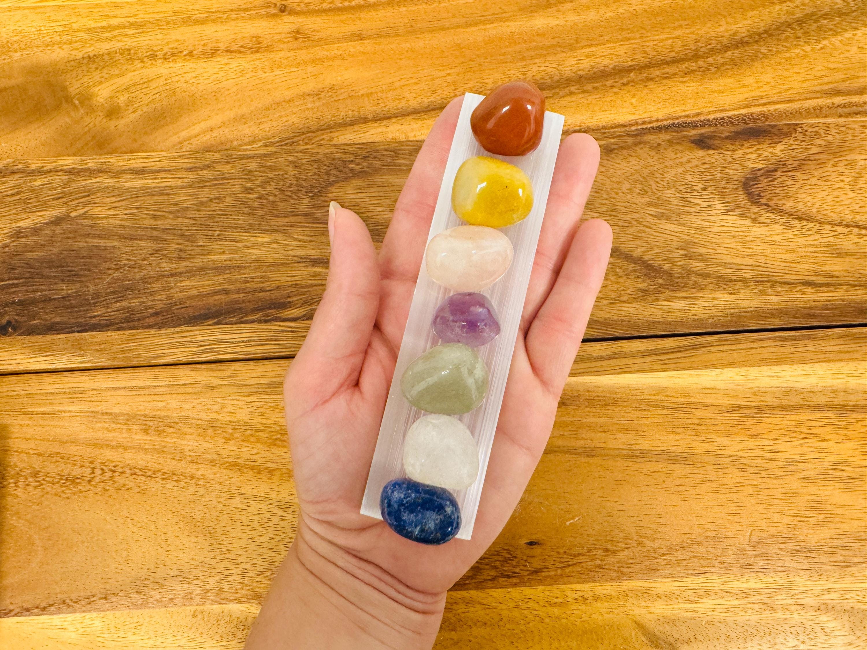 Selenite Charging Station With 7 Chakra Tumbled Stones Set & Velvet Pouch Selenite Charging Station With 7 Chakra Tumbled Stones Set & Velvet Pouch
