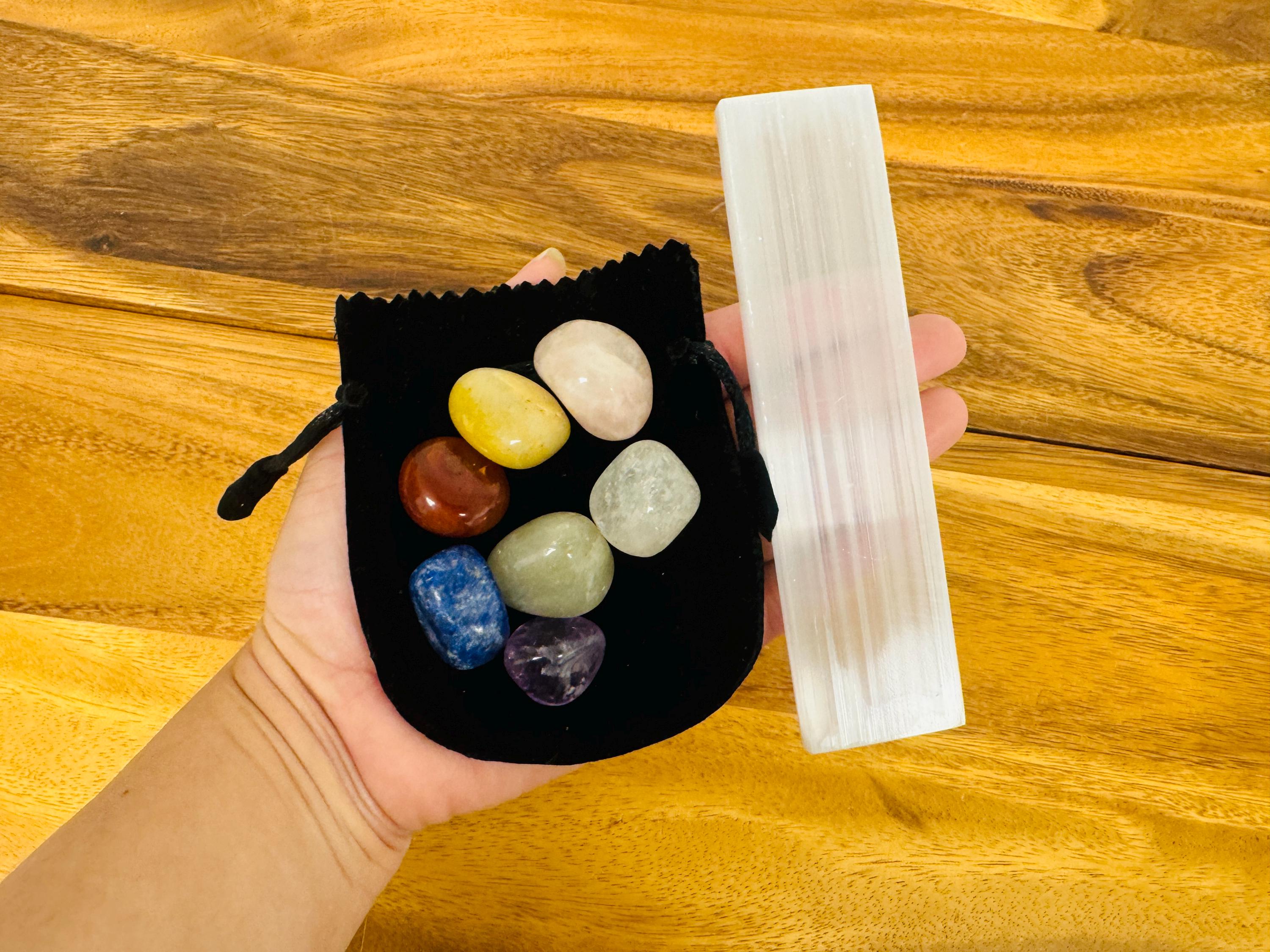 Selenite Charging Station Bar With 7 Charka Tumbled Stones And Velvet Pouch Selenite Charging Station Bar With 7 Charka Tumbled Stones And Velvet Pouch