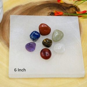 Selenite Charging Station With Chakra Tumbled Stones Set & Velvet Pouch, 6 Inch (15 Cm)