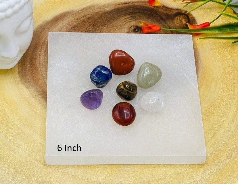 Selenite Charging Station With Chakra Tumbled Stones Set & Velvet Pouch, 6 Inch (15 Cm) Selenite Charging Station With Chakra Tumbled Stones Set & Velvet Pouch, 6 Inch (15 Cm)