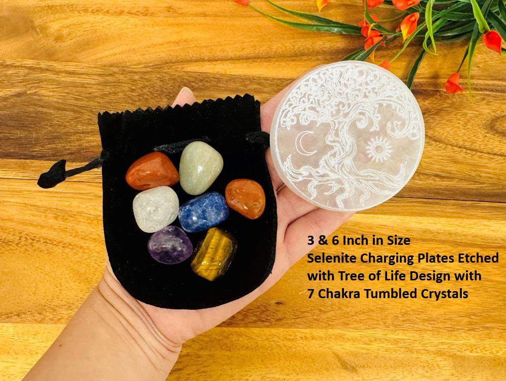 Selenite Charging Station Engraved With Tree Of Life And 7 Chakra Tumbled Stones Set