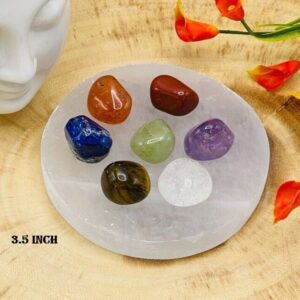 Selenite Charging Station Plate With 7 Chakra Tumbled Stones Set & Velvet Pouch, 3.5"