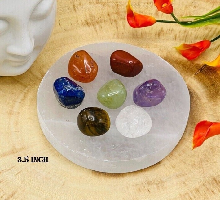 Selenite Charging Station Plate With 7 Chakra Tumbled Stones Set & Velvet Pouch, 3.5"