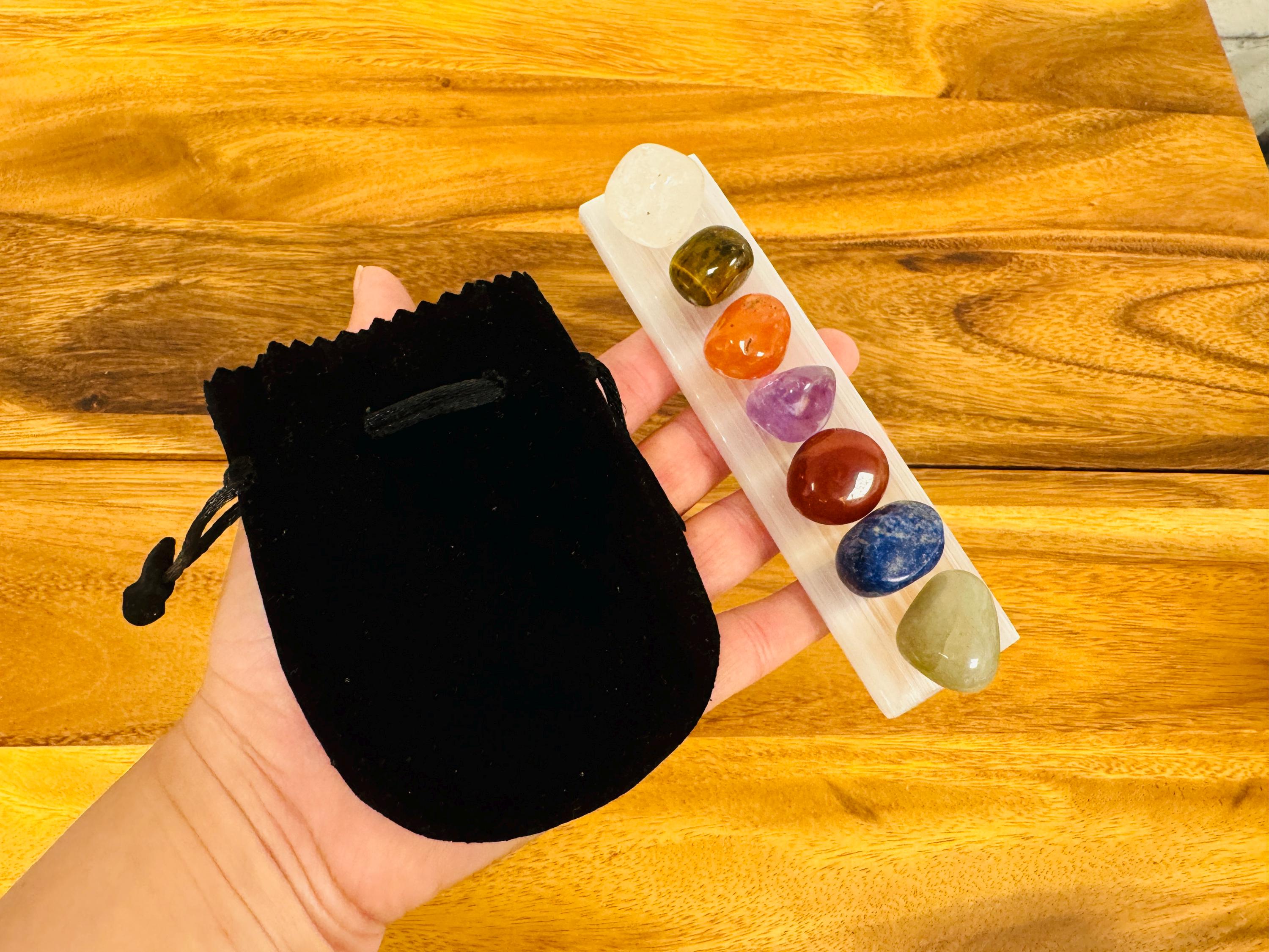 Selenite Charging Station Plate With 7 Chakra Tumbled Stone Set & Velvet Pouch, 6 Inches Selenite Charging Station Plate With 7 Chakra Tumbled Stone Set & Velvet Pouch, 6 Inches