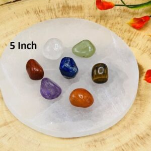 Selenite Charging Station Plate With 7 Chakra Tumbled Rock Stone Set & Velvet Pouch, 5"