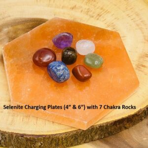 Selenite Charging Station, Plate With 7 Chakra Tumbled Stone Set & Velvet Pouch, 4" And 6"