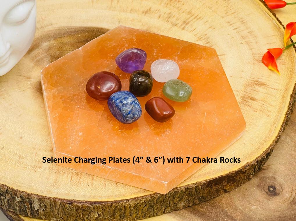 Selenite Charging Station, Plate With 7 Chakra Tumbled Stone Set & Velvet Pouch, 4" And 6" Selenite Charging Station, Plate With 7 Chakra Tumbled Stone Set & Velvet Pouch, 4" And 6"