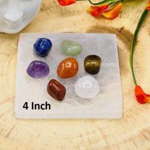 Selenite Charging Station Plate With 7 Chakra Tumbled Stones Set & Velvet Pouch, 4 Inches