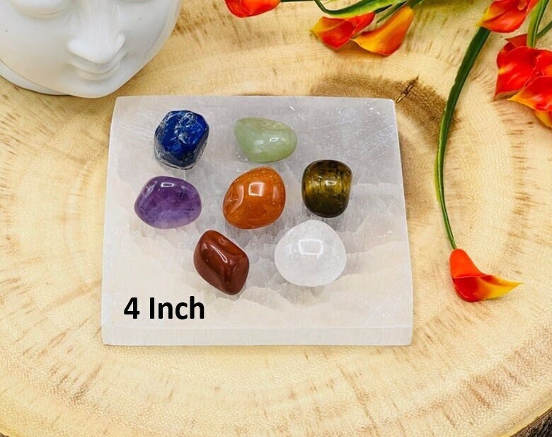 Selenite Charging Station Plate With 7 Chakra Tumbled Stones Set & Velvet Pouch, 4 Inches Selenite Charging Station Plate With 7 Chakra Tumbled Stones Set & Velvet Pouch, 4 Inches