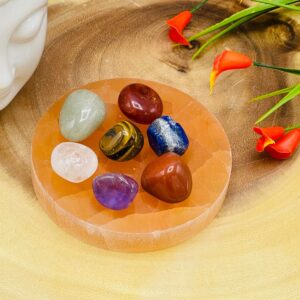 Selenite Charging Station Plate With 7 Chakra Tumbled Stone Set With Velvet Pouch, 4"