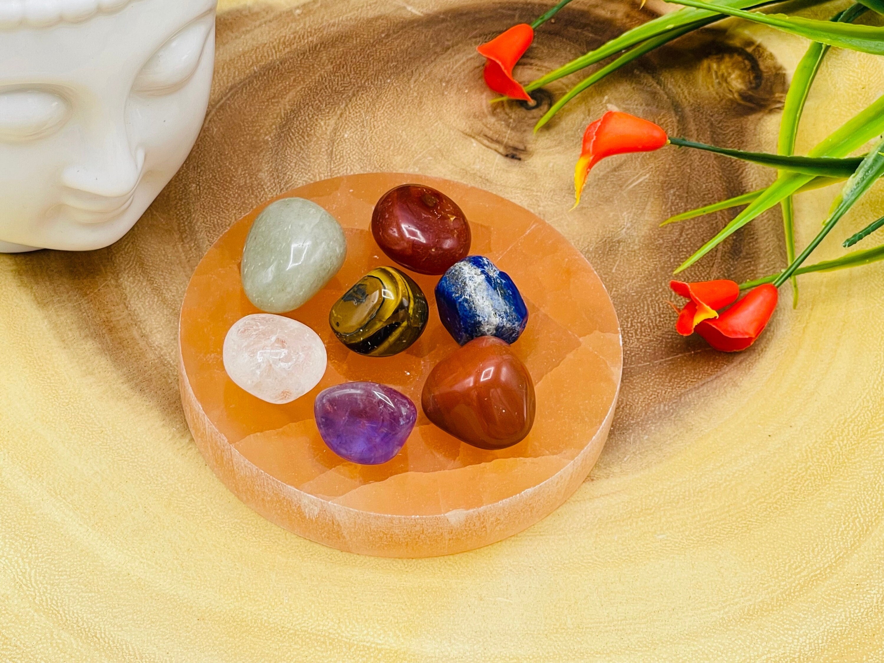Selenite Charging Station Plate With 7 Chakra Tumbled Stone Set With Velvet Pouch, 4"
