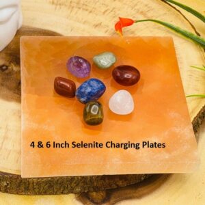 Selenite Charging Station Plate With 7 Chakra Tumbled Stone Set & Velvet Pouch