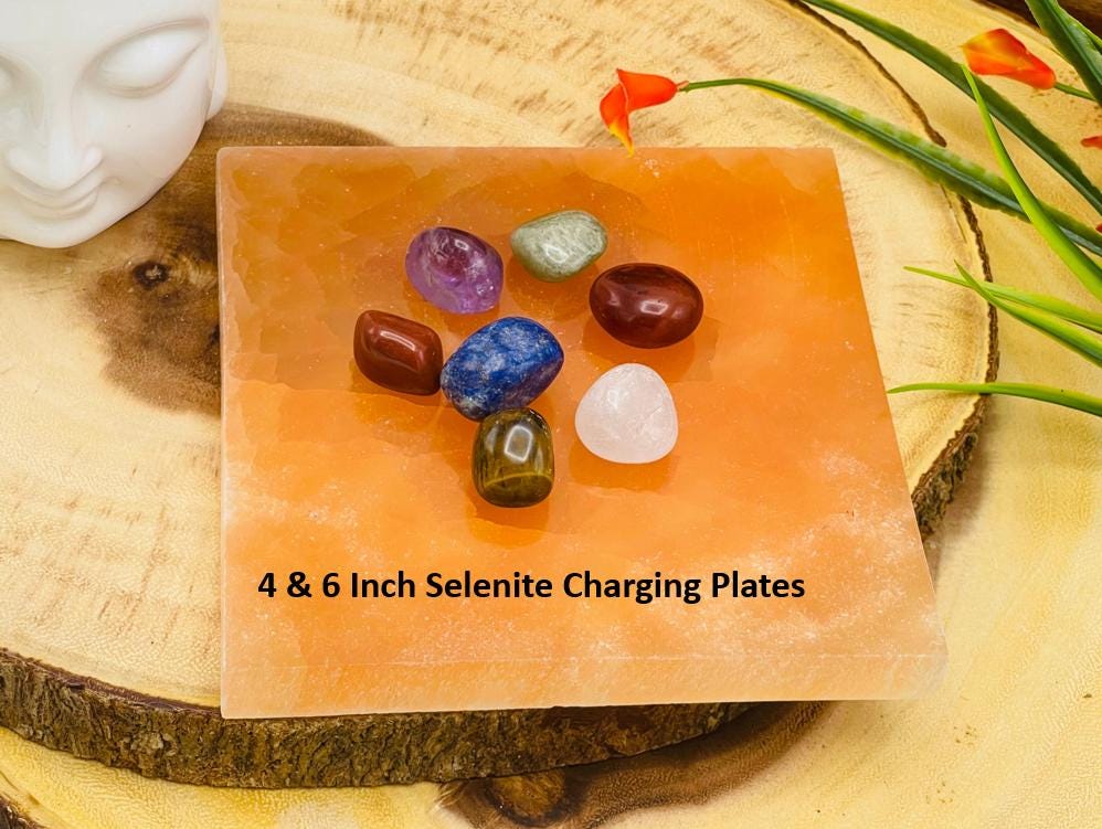 Selenite Charging Station Plate With 7 Chakra Tumbled Stone Set & Velvet Pouch