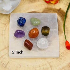 Selenite Charging Station Plate With 7 Chakra Tumbled Stones Set & Velvet Pouch, 5 Inches