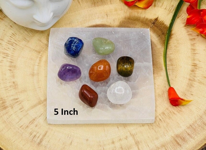 Selenite Charging Station Plate With 7 Chakra Tumbled Stones Set & Velvet Pouch, 5 Inches