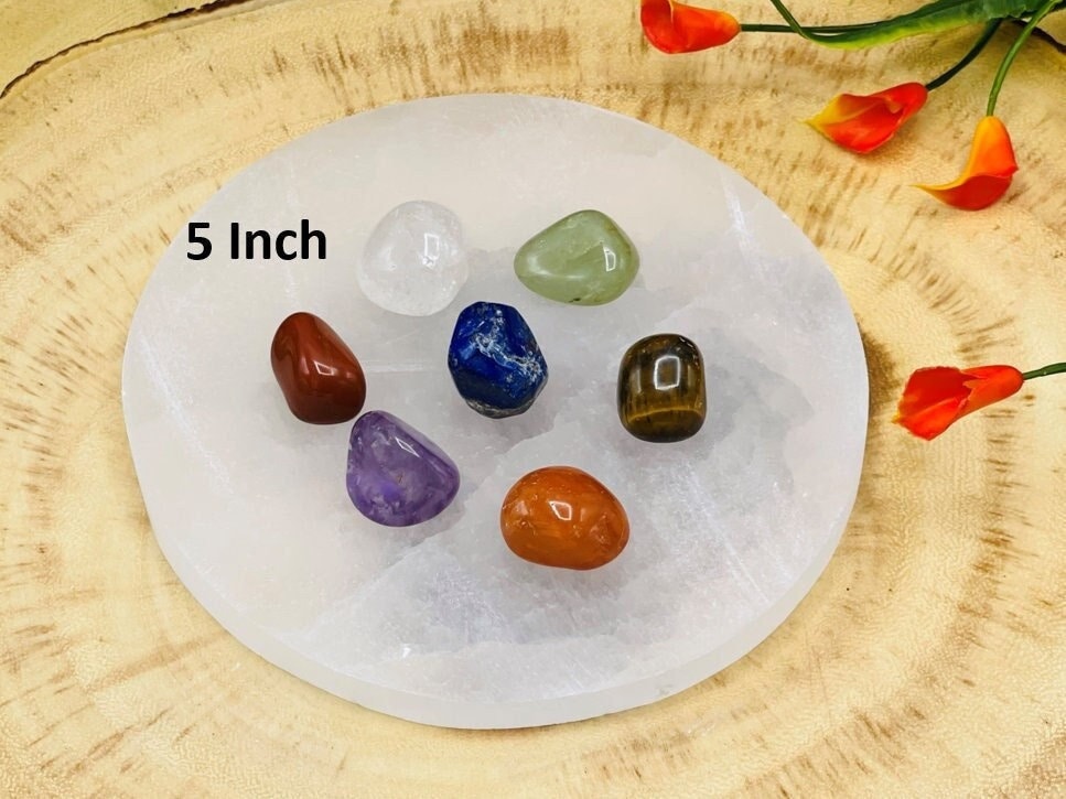 Selenite Charging Station Plate With 7 Chakra Tumbled Rock Stone Set & Velvet Pouch, 5" Selenite Charging Station Plate With 7 Chakra Tumbled Rock Stone Set & Velvet Pouch, 5"