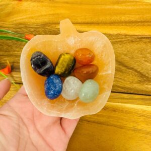 Selenite Crystal Apple Shape Charging Bowl With 7 Chakra Tumbled Stones & Velvet Pouch