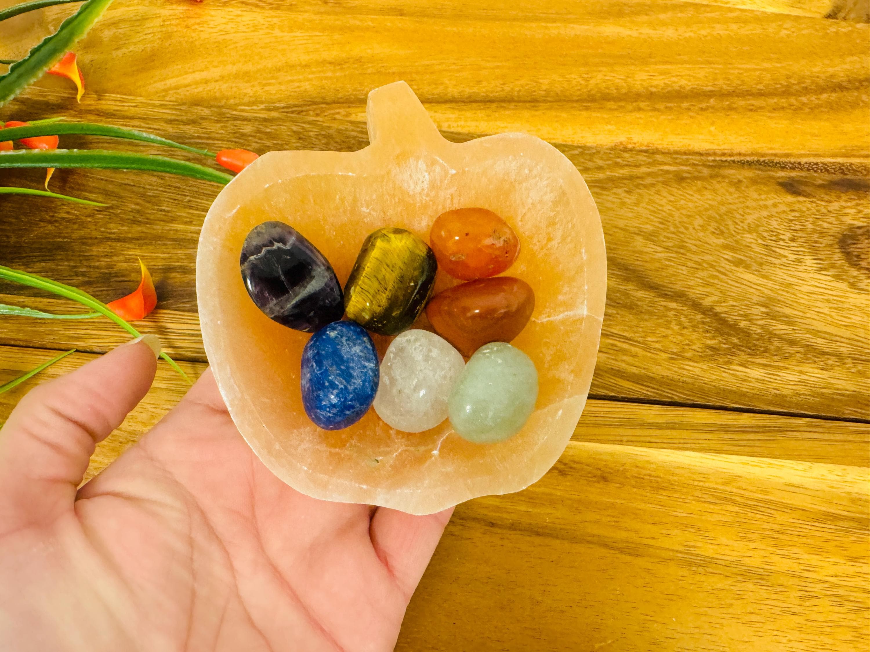 Selenite Crystal Apple Shape Charging Bowl With 7 Chakra Tumbled Stones & Velvet Pouch Selenite Crystal Apple Shape Charging Bowl With 7 Chakra Tumbled Stones & Velvet Pouch