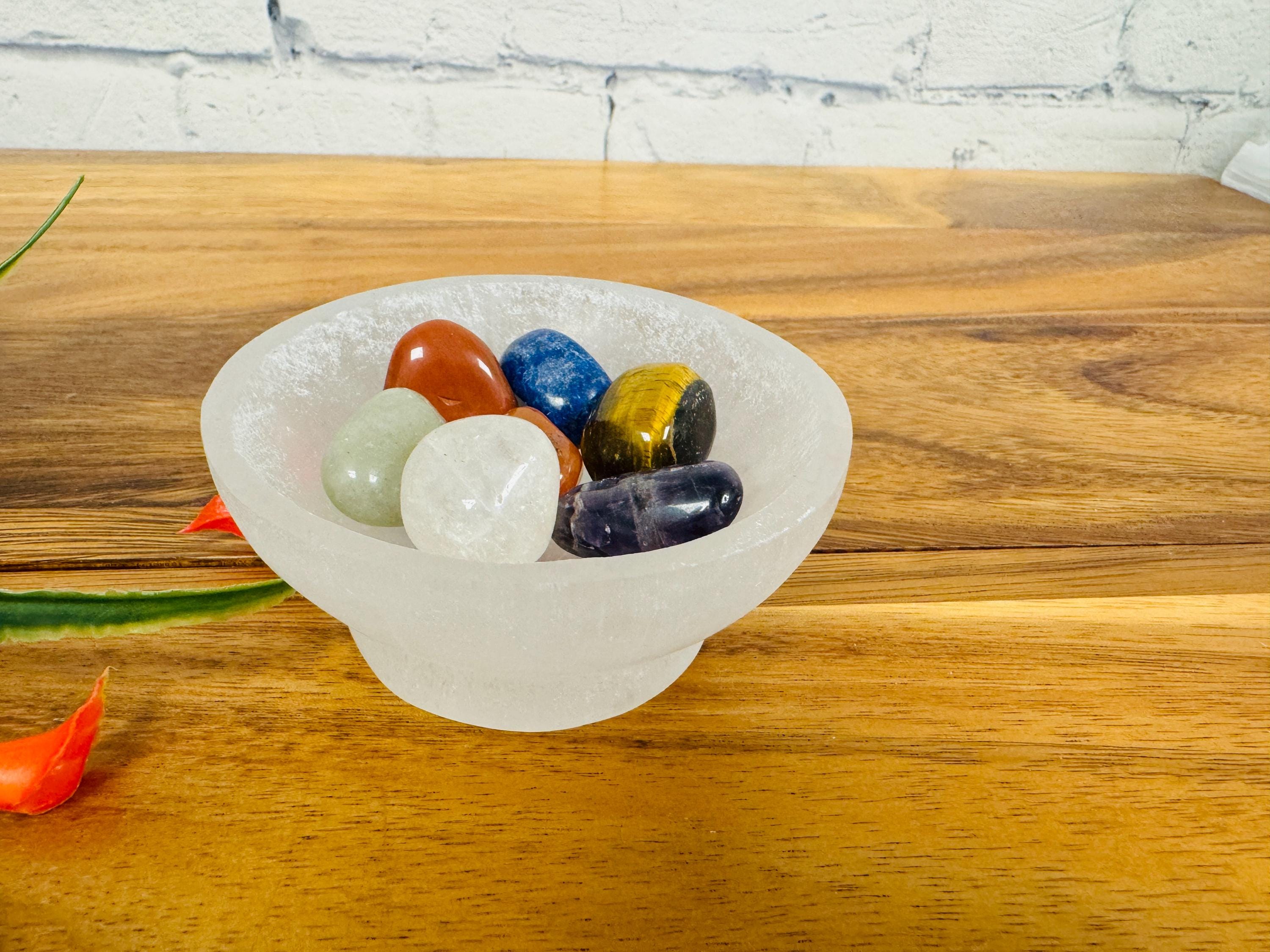 Selenite Crystal Bowl With 7 Chakra Tumbled Gemstones & Velvet Pouch, 10 Cm (4 Inch) Selenite Crystal Bowl With 7 Chakra Tumbled Gemstones & Velvet Pouch, 10 Cm (4 Inch)