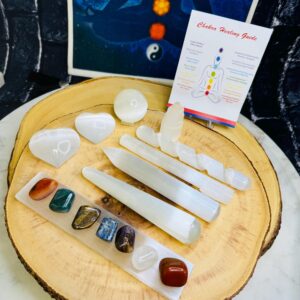 Crystals And Wellness Kit, 16 Pieces Set, Selenite Crystals With Chakra Tumbled Stone