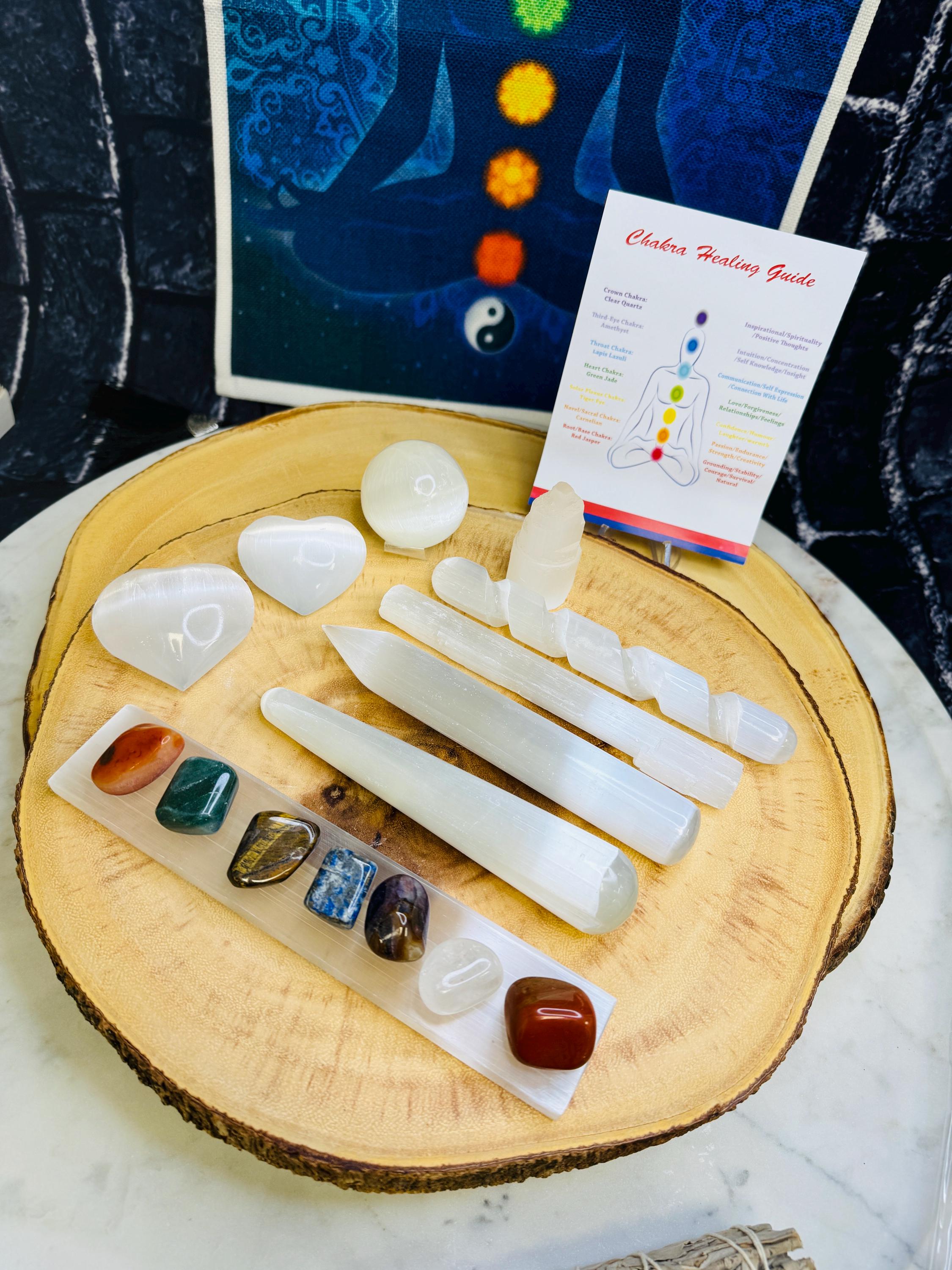 Crystals And Wellness Kit, 16 Pieces Set, Selenite Crystals With Chakra Tumbled Stone Crystals And Wellness Kit, 16 Pieces Set, Selenite Crystals With Chakra Tumbled Stone