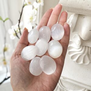 Selenite Tumbled Stones ( Set Of 5 ) For Cleansing, Energy Healing, Chakra Balancing, Reiki, Meditation, Crystal Decor, Spiritual Gift
