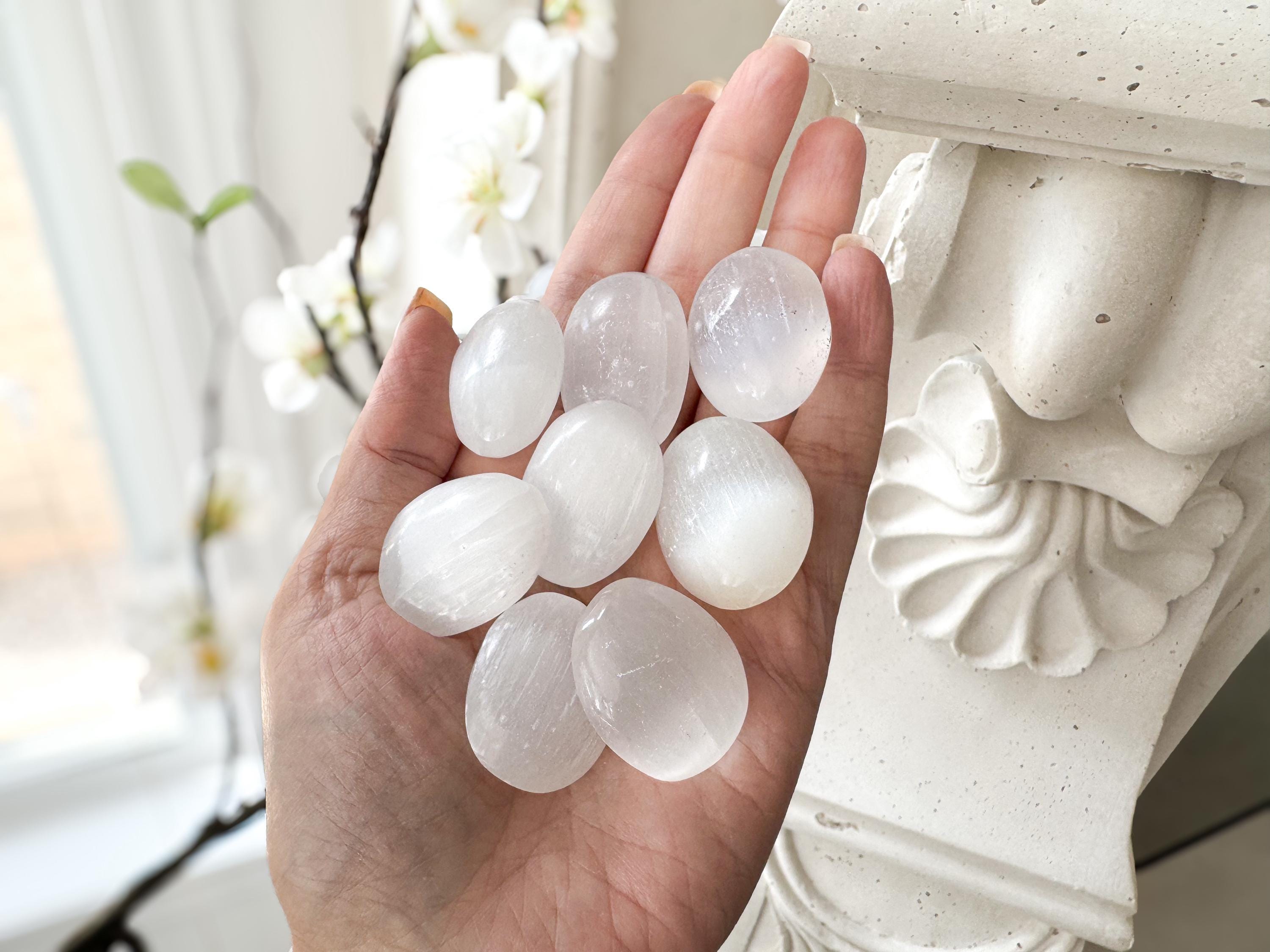 Selenite Tumbled Stones ( Set Of 5 ) For Cleansing, Energy Healing, Chakra Balancing, Reiki, Meditation, Crystal Decor, Spiritual Gift
