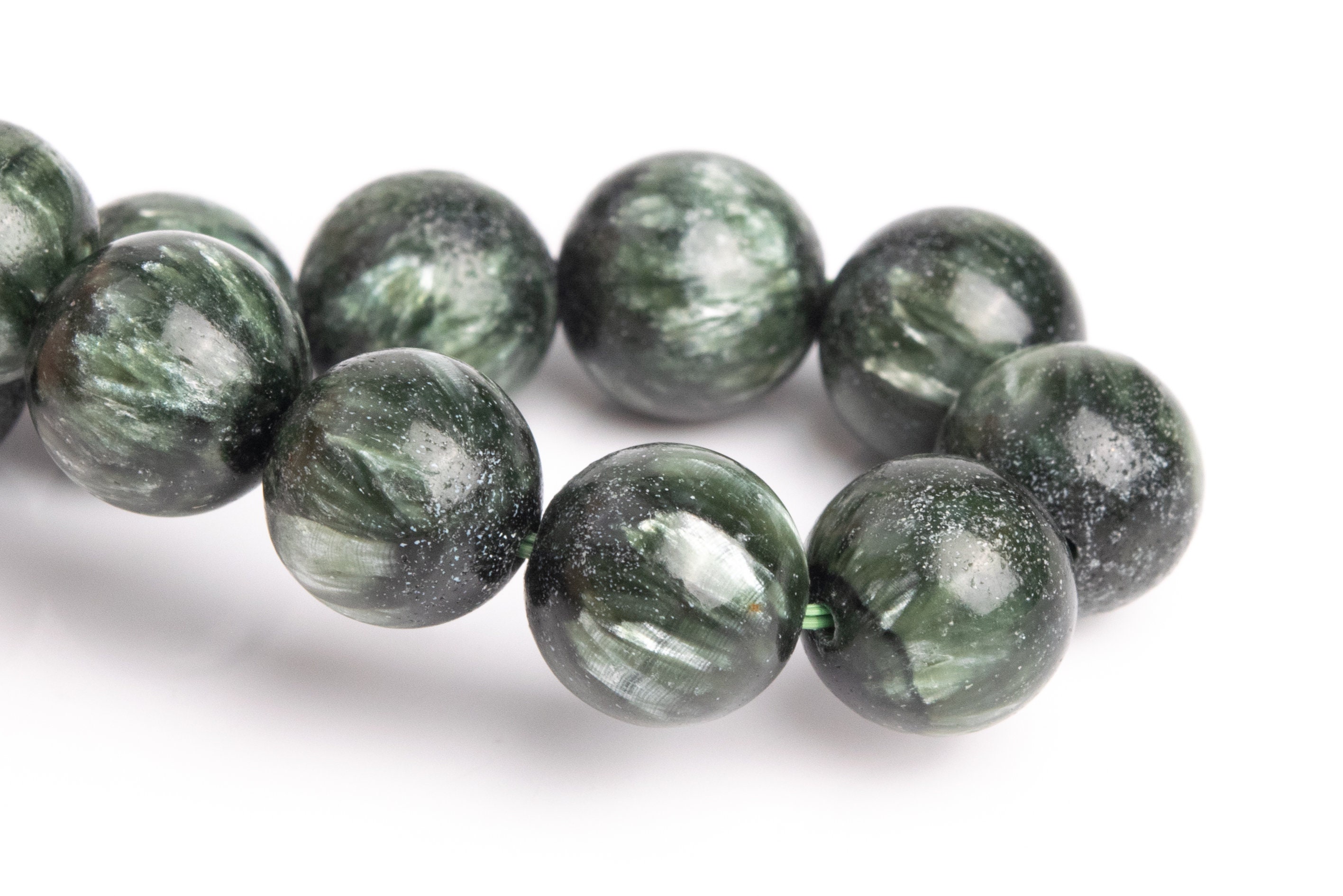 10-11mm Seraphinite Beads Deep Green Bracelet Grade A+ Genuine Natural Round Gemstone 8" (121509h-3050)