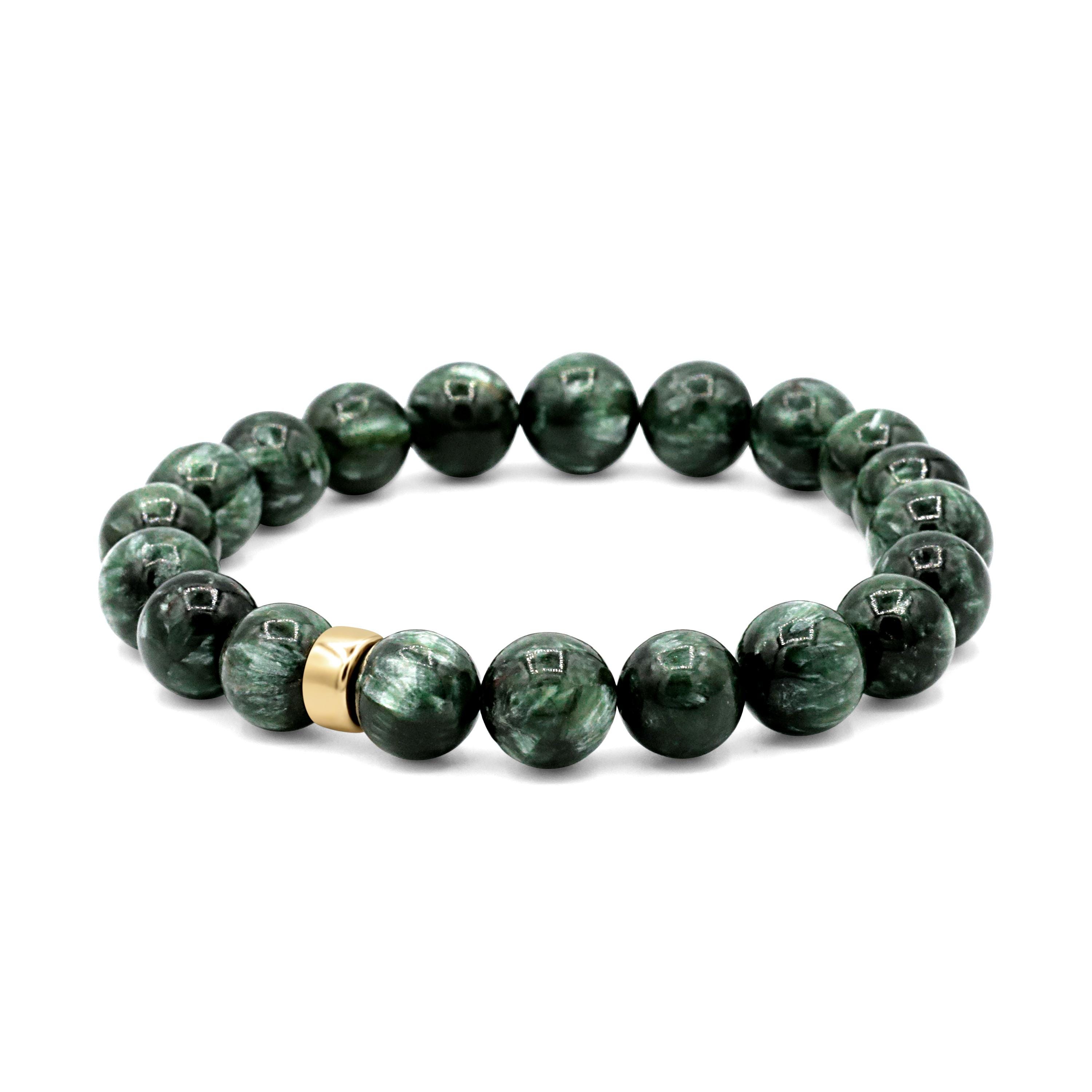 14k Gold Seraphinite 10mm | [ebsm1982] Women's Seraphinite Bracelet | 10mm Seraphinite Beaded Bracelet Women's Genuine Stone Bracelet