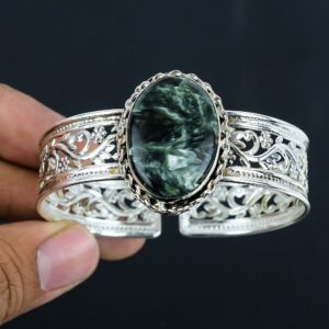 Seraphinite Cuff Bracelet: Adjustable Sterling Silver Bangle, Handmade Jewelry
